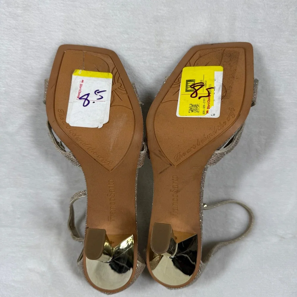 Franco Sarto Rania 2 Champagne Gold Glitter Square Toe‎ Heeled Sandals 8.5M